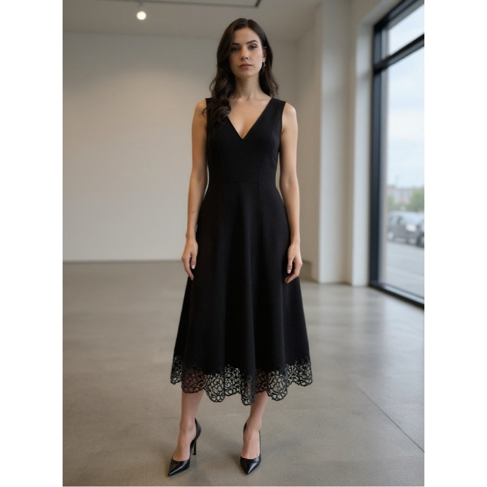 Chic Black Midi Dress with Lace Detail